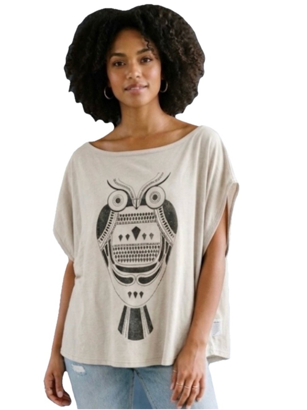 DreamR Owl Wide Neck T Shirt Women’s Light Gray Cotton Size Small